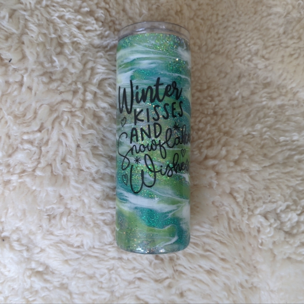 Handmade 20 Oz Glitter Swirl Winter Kisses Snowflake Wishes Stainless Tumbler